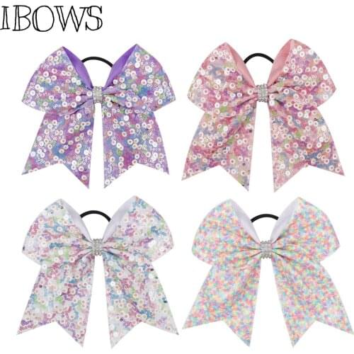 IBOWS Hair Accessories Cheer Bow For Girls Sequin Elastic Band 7 Inch Rhinestone Bowknot Cheerleading Bows 2019 New Arrive Style