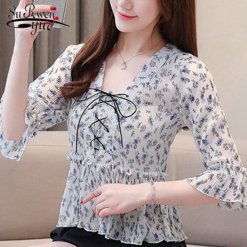 Blusas mujer de moda 2021 summer women blouses short sleeve print chiffon blouse women shirts womens tops and blouses 5074 50