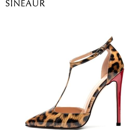 SINEAUR Womens Shoes Sexy Leopard Print PU Pointed Toe Sandals T Strap Super High Heels Summer Pumps Stilettos 2021 Fashion Wom