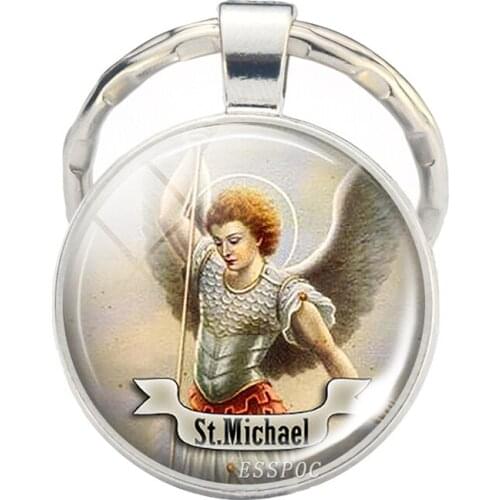 St Michael Keychain Saint Keyring Art St Michael Jewelry Gift Religious Religion Cabochon St Michael Jewerly Key Chain Ring