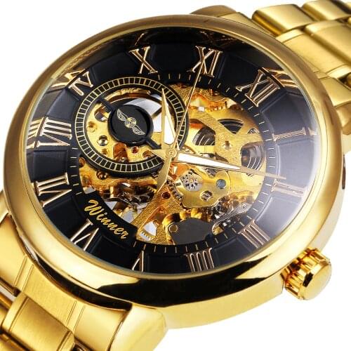 WINNER Official Top Brand Luxury Golden Wristwatch Mechanical Watch Men Metal Strap Skeleton Dial Business Classic Male relogio