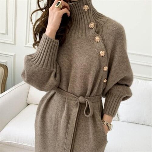 Design high neck knitted dress female fashion retro button lantern sleeves lazy slim turtleneck long dresses