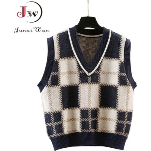 Elegant Chic Plaid Vest Sweater Women Spring Autumn Loose V-Neck Sleeveless Knitted Pullovers Fashion Casual Tops Waistcoat