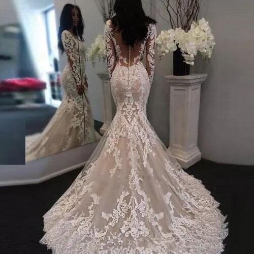Robe de mariee Illusion Long Sleeves Lace Mermaid Wedding Dresses Tulle Applique Romantic Wedding Bridal Gowns With Buttons