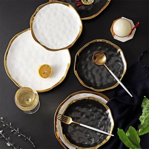 Gold Rim Ceramic Plate Nordic Dinner Set Cute Plates Decorative Dishes and Plates Sets Round Serving Tray Fruit Salad Dinnerware