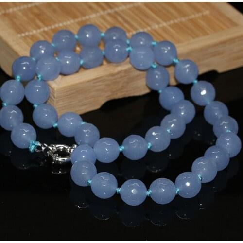 Hot blue 10mm faceted round beads stone jades beads chalcedony whoelsale price high grade necklace for women 18inch B1014