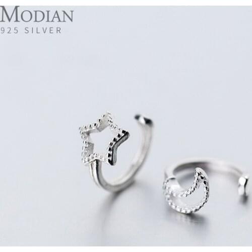 Modian Authentic 925 Sterling Silver Simple Star Moon Clips Earring for Women Gift No Need to Pierce Ear Fine Jewelry Bijoux