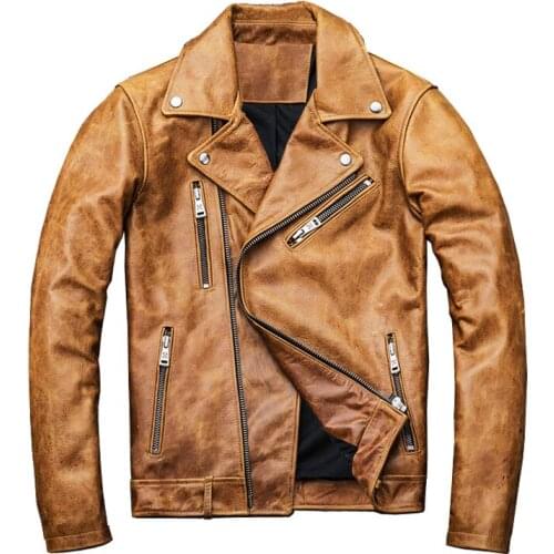 Fast Free Shipping Mens Leather Jacket Natural Oil Wax Calfskin Coat Thick Turn Down Collar Yellow Brown Jacket