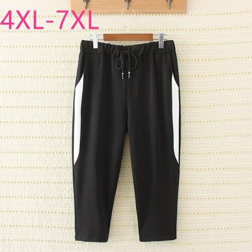 New summer plus size capri pants for women large tight casual elastic stripe short sports pants black belt 4XL 5XL 6XL 7XL