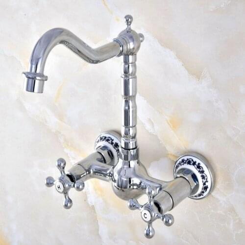 Polished Chrome Brass Ceramic Base Wall Mounted Bathroom Kitchen Sink Faucet Swivel Spout Mixer Tap Dual Cross Handles mnf581