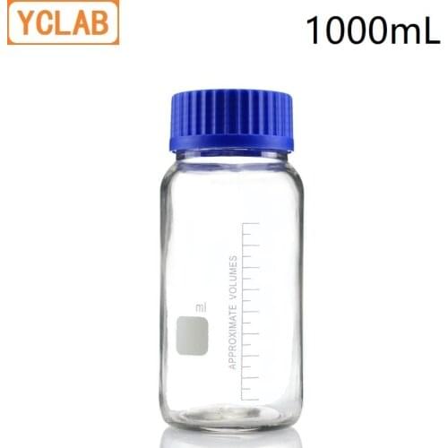 YCLAB 1000mL Reagent Bottle Wide Screw Mouth with Blue Cap 1L Transparent Clear Glass Medical Laboratory Chemistry Equipment