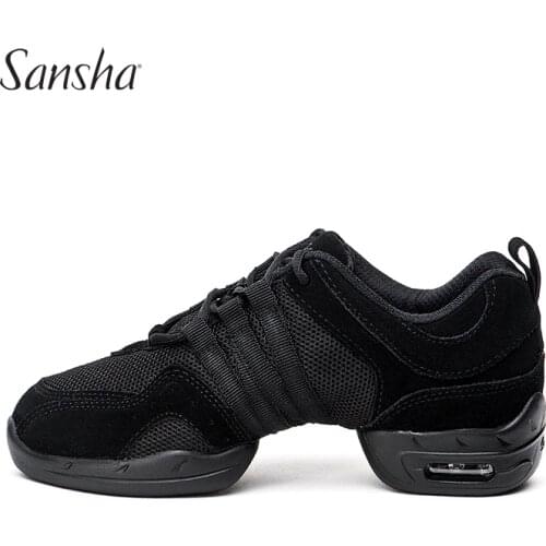 Sansha Unisex Dance Sneakers Leather Mesh Upper Thick PU Split-soles Black Pro Modern Dance Jazz Shoe Air Cushion Sole P22LS