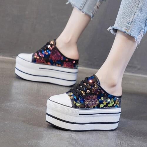 Sequinned Shoes 10cm Wedges Heels Platform Slippers Real Leather Sandals for Women Shoes Slipper Wedge Heels Ladies Mules Shoes