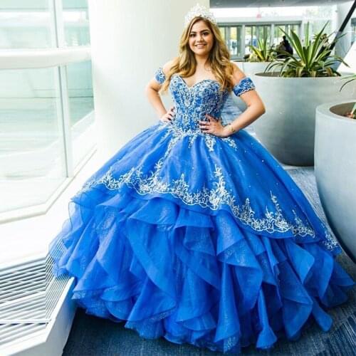 Blue Ball Gown Quinceanera Dresses Sweet Heart Lace up Back Cascading Ruffles Appliques Beads Sequin Long Formal Prom Party Gown
