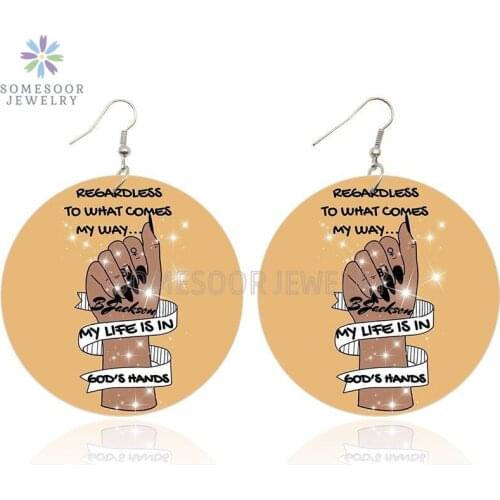 SOMESOOR Both Sides Printed Gods Hand Wooden Drop Earring Black Beauty Power Fist Design Wood Ear Dangle Jewelry For Women Gift