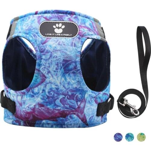Reflective Dog Harness Leash Set Adjustable Pet Vest Ocean Printing Pet Cat Harnesses Walking Runing For Small Medium Dogs Leash