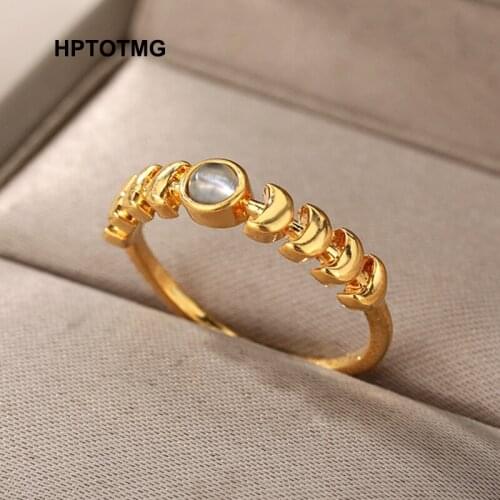 Gold Opal Crescent Moon Rings Couples Stainless Steel Vintage Geometric Finger Ring for Women Men Fashion Jewelry Party Gifts