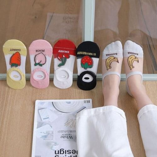 Womens Cotton invisible Socks Slipper Summer Mesh Thin Fruit Print Boat Short Sock Female Silicone No show Ankle Socks for Girl