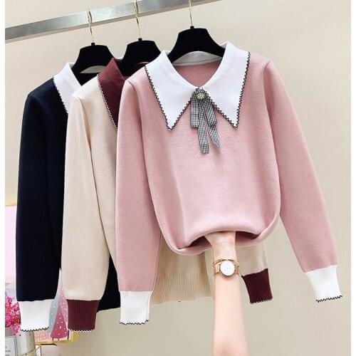 2021 Korean Style Chic Pull Jumpers Sweater For WomenAutumn Winter White Jumpers ONeck Bow JumpersKnitwear Top