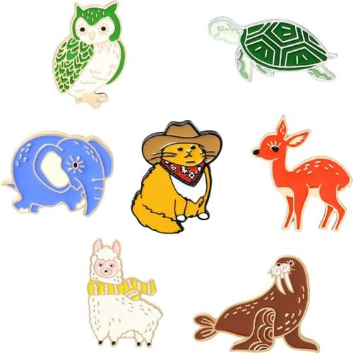 Cowboy Cats Enamel Pin Custom Walrus Alpaca Deer Owl Turtle Elephant Animal Brooch Backpack Badge Jewelry Gift for Kids Friends