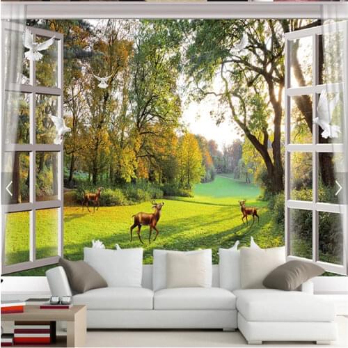 Custom 3d photo wallpaper Nature French window deer pigeon in forest mural wallpaper Living Room Bedroom Wall papers Home Decor