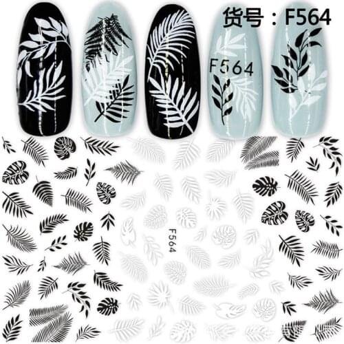 3D Nail Sticker Black-White Leaf Slider Nails Art Decoration Wraps Decals Cute Design Adhesive Manicure Tips Stickers Pegatina
