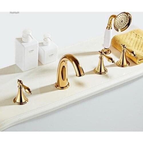 5pcs Luxury Gold Polished Brass Bathtub Faucet Widespread Roman Tap Bathroom Bath Tub Faucet with Hand Shower