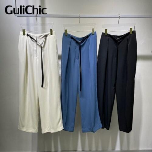 9.2 GuliChic High Quality Women Solid Color Fashion Comfortable High Waist Drape Wide Leg Pants