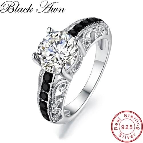[BLACK AWN] Vintage 925 Sterling Silver Fine Jewelry Trendy Wedding Rings for Women Black Spinel Engagement Bague C092
