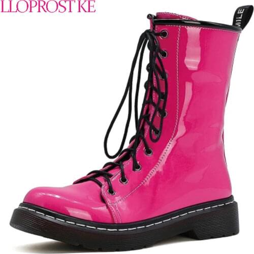 Lloprost ke patent PU leather pink beige womans boots lace-up cross-tied platform flats boots fashion martin women boots shoes