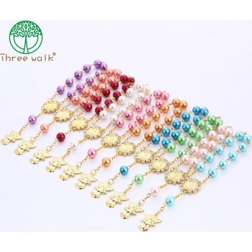 Imitation Pearl Beads Catholic Rosary Catholic Holy Communion golden color Wings Crucifix angle Pendants Bracelet nice gift