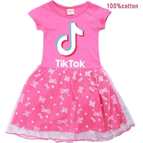 TIK TOK Summer Kids Girls Cotton T Shirt + Print Gauze Patchwork Dress Children Baby Home Party Casual Clothes Dresses