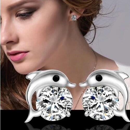 Exquisite Cute Romantic Dolphin Stud Earrings Trendy Shining Round Cut AAA Zircon Anti Allergy Earring for Women Wedding Jewelry