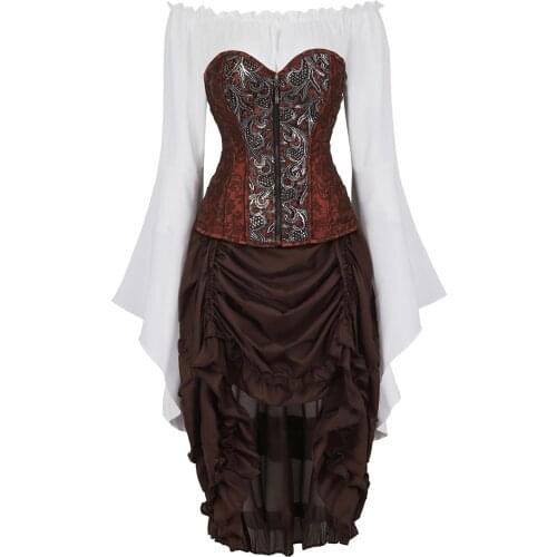 Corset with Pirate Skirt and Blouse Vintage Boned Embroidery Bustier Zip Vest 3 Piece Dance Carnival Party Costume Steampunk