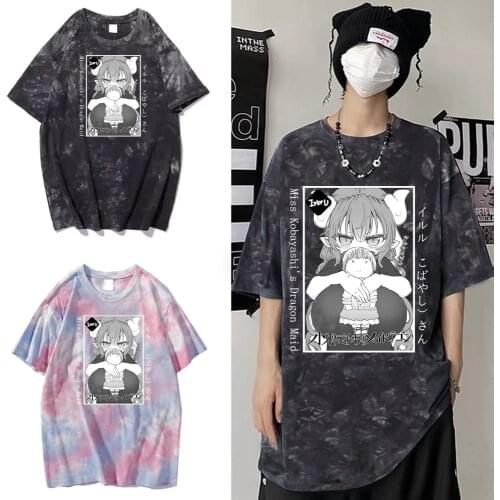 Fashion Manga Harajuku Iruru Tie Dye T-shirt Miss Kobayashis Dragon Maid Casual Print T-shirt Clothes Hip Hop Tops Tees