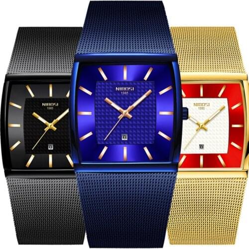 NIBOSI 2020 Men Watches Top-brand Quartz Wristwatch Square Men Watches Waterproof Mesh Strap Dress Clock Reloj Hombre