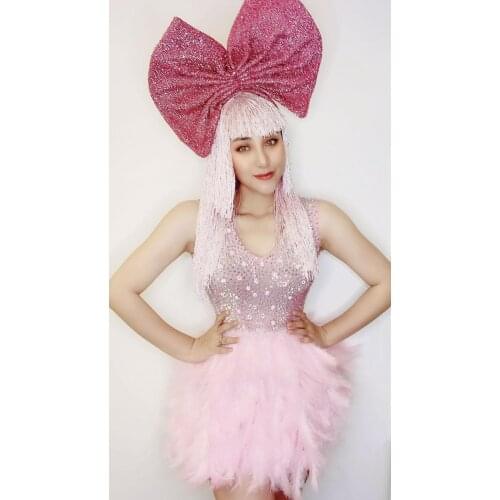 2020 New Pink Sleeveless V-Neck Feathers Bodycon Mini Dress Birthday Celebration Party Outfit Stage Wear