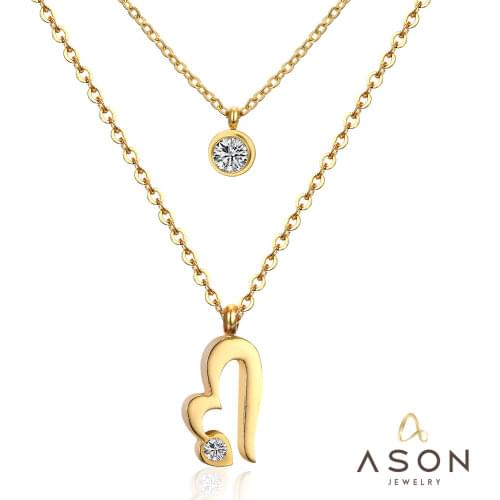 ASONSTEEL Heart Necklace Stainless Steel Round Cubic Zirconia Pendants Gold/Silver Color Double Link Chain Collars Jewelry
