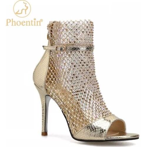 Phoentin Gold Bling crystal mesh summer boots Sexy Sandals Woman High Heel shoes Peep Toe Stripper Party Thin Heels Pumps FT1378
