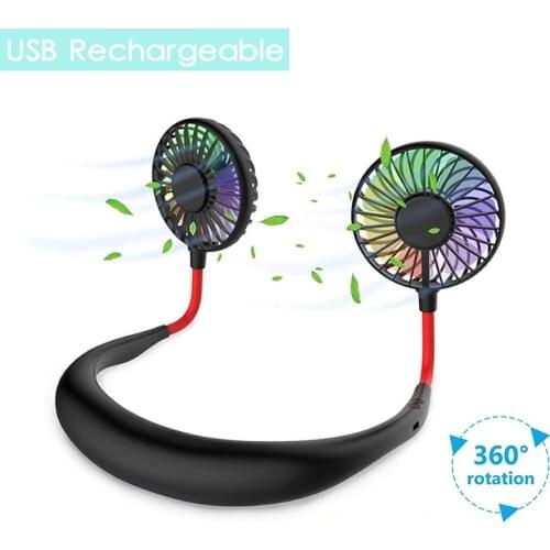 Hanging Neck Fan Sports Fan USB charging Portable Lazy mini fan LED Luminous Folding Neck Fan 3 Speed Adjustable For Home Office