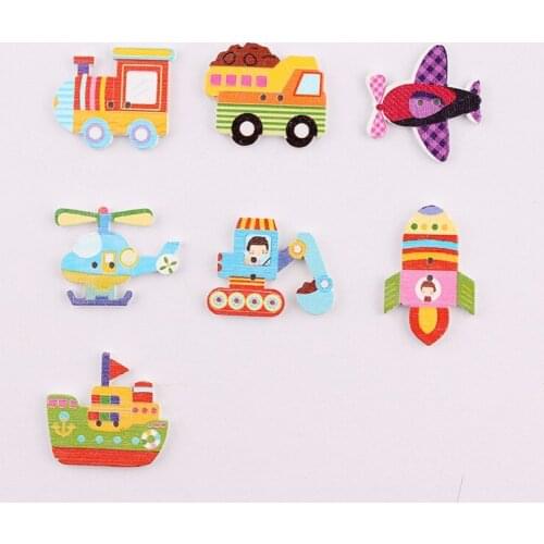 50 capsules / pack mixed cartoon car airplane rocket vehicle painted wooden buttons handmade diy children