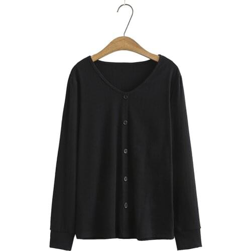 Plus Size XL-4XL White Black Tops Womens Round Neck Solid Spring Shirts Long Sleeved Simple False Buttons OversizedT-shirts