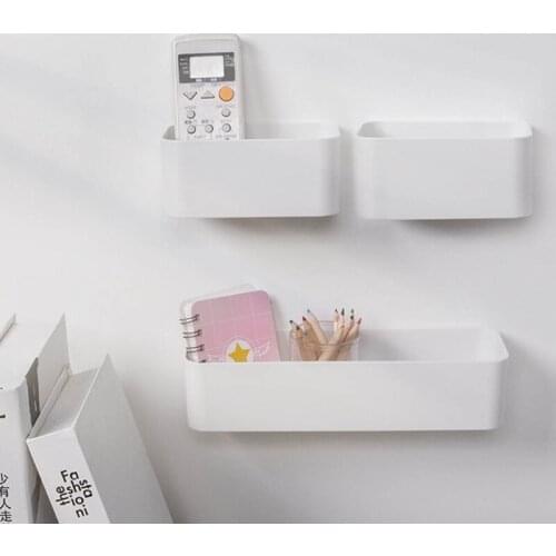 Minimalist White Wall-Mounted Sundries Container Without Lid Self-Adhesive Non-Porous Storage Box Suitable for Bathroom