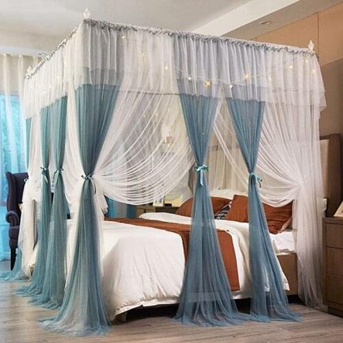 Canopy Bed Curtains for Girls Blue and White Cozy Drape Netting 4 Openings Mosquito Net Bedroom Decoration Accessories