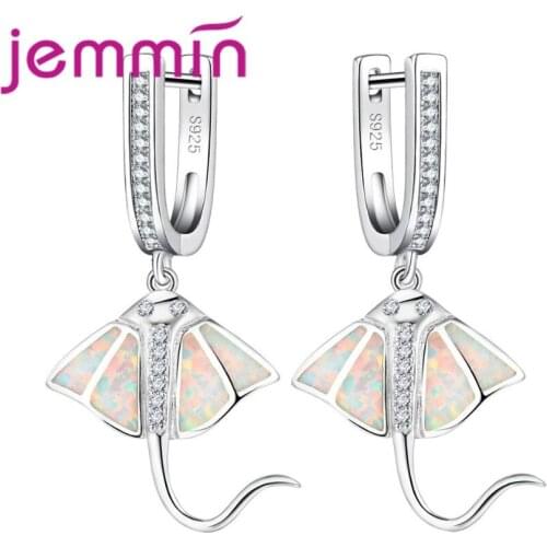Unique Design Fish Shape 925 Sterling Silver White Fire Opal Dangle Earrings For Women Party Birthday Gift Rhinestone