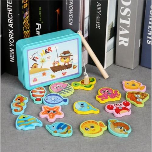 Iron box magnetic 15 fishing wooden parent-child interaction early education benefit intelligence children play house toys