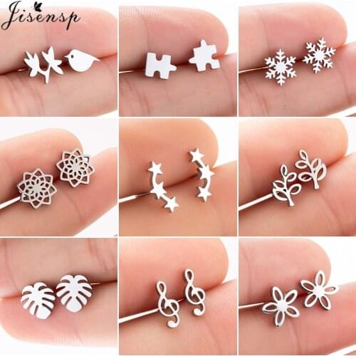 Jisensp Geometric Stainless Steel Stud Earrings for Women Minimalist Jewelry Puzzle Star Leaf Earings Jewelry BFF Gifts brincos