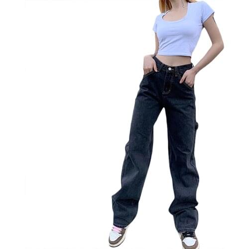Women’s Korean Straight Jeans Fashion Solid Color High-waist Patchwork Denim Pants with Pocket