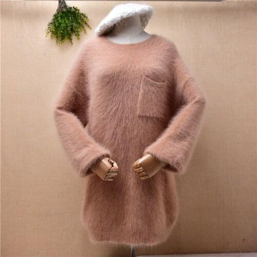 Female women autumn winter clothing hairy mink cashmere knitted long lantern sleeves loose long sweater pullover angora dress