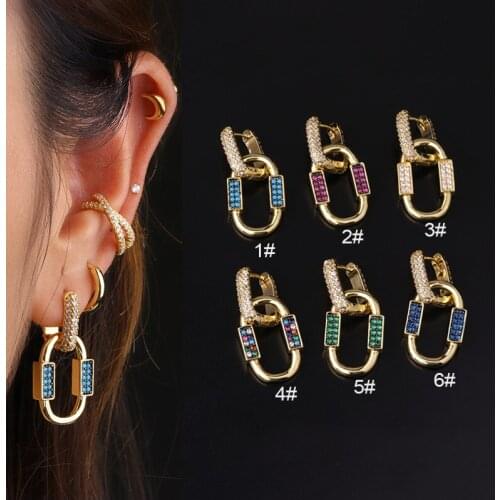 1PC Bohemia Colorful Zirconia Big Dangle Earrings Women 2021 Trend Cartilage Piercing Geometric Chain Girl Huggie Hoop Jewelry